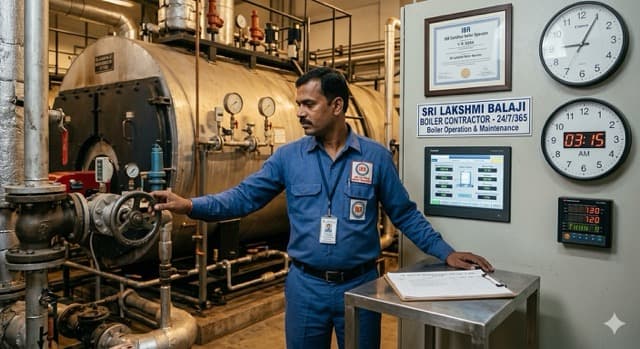Boiler control room with operators monitoring gauges — PPE worn