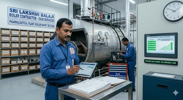 Technician inspecting industrial boiler components with PPE